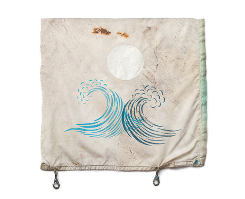 Original 29"x26" "You And Me In The Moonlight" Linocut Print on Vintage Marine Salvage Fabric