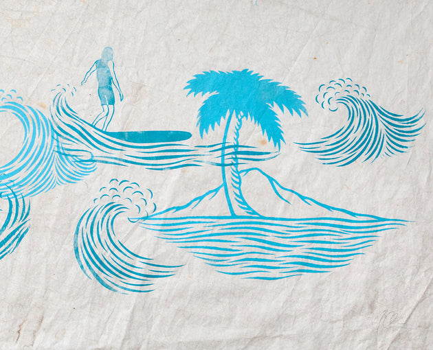 Original 69"x36" "Island Style" Linocut Print on Vintage Sailcloth