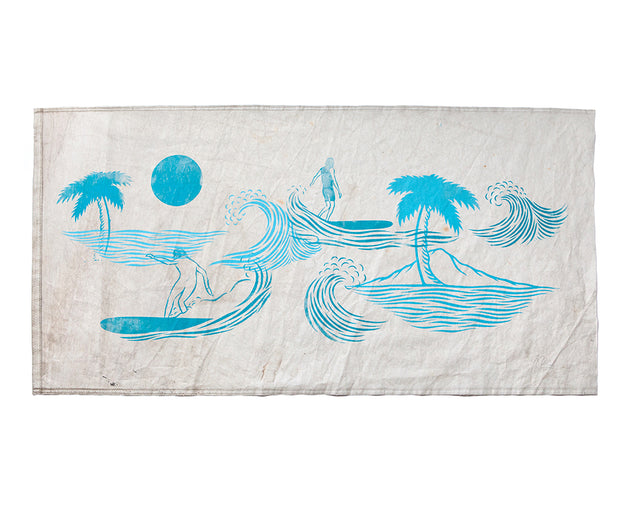 Original 69"x36" "Island Style" Linocut Print on Vintage Sailcloth