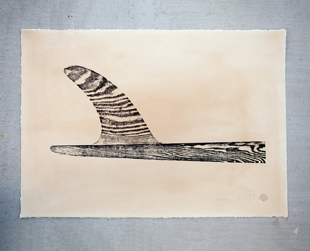 Original Surfboard Fin Wood Cut Print 22"x30" Brown/Black