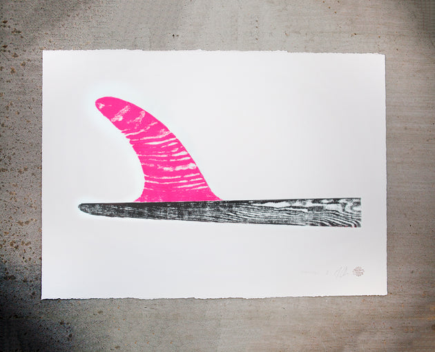 Original Surfboard Fin Wood Cut Print 22"x30" Pink/Black