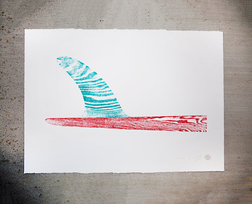 Original Surfboard Fin Wood Cut Print 22"x30" Turquoise/Red