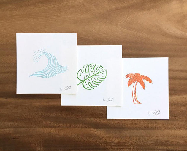 Limited Edition Linocut Print Set of 3 "Wave Leaf Palm”