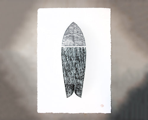 Original Surfboard Wood Cut Print 22"x30" Silver/Black